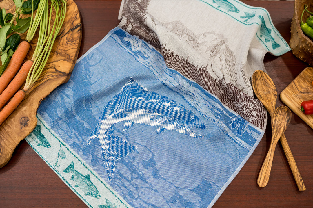 Fishing Jacquard Woven Luxury Kitchen Tea Towel - Brown Blue and Green –  Crystal Arrow Jacquard Tea Towels